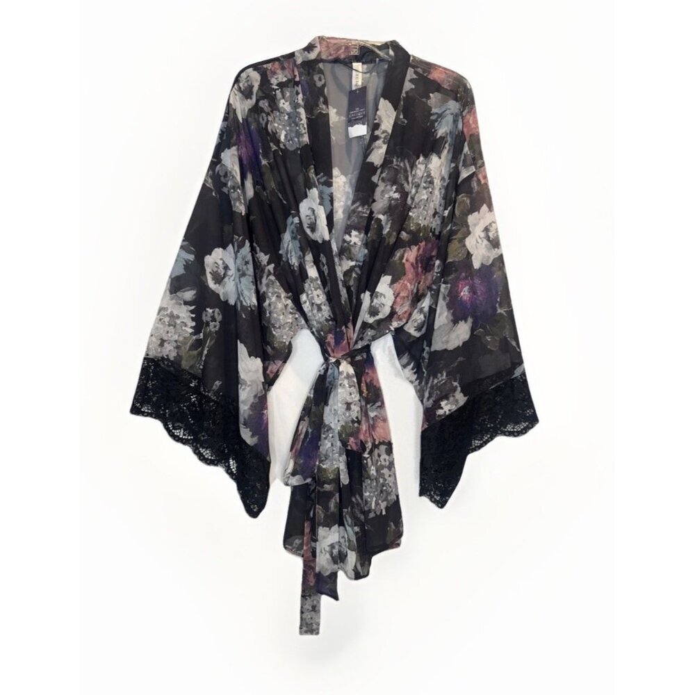 Cacique Womens Robe Tie Waist Black Pink Floral Kimono Lace Sleeves Sz 18/20 NEW